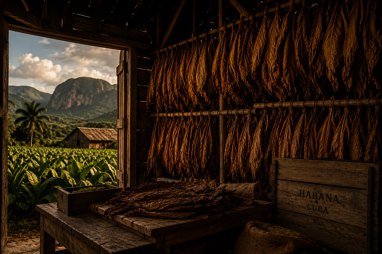 Tobacco leaves curing on poles inside a wooden barn, with a field and the limestone hills of the Vuelta Abajo through the open door.