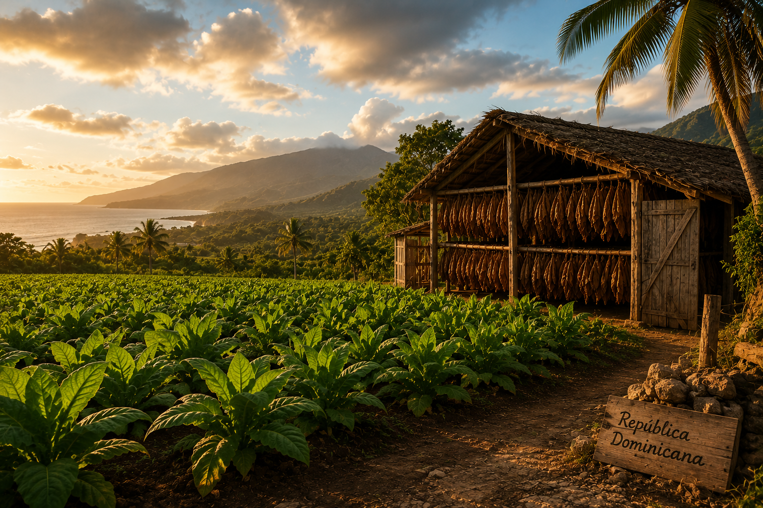 A tobacco field beside a thatched curing barn hung with drying leaves, the coast and mountains beyond.