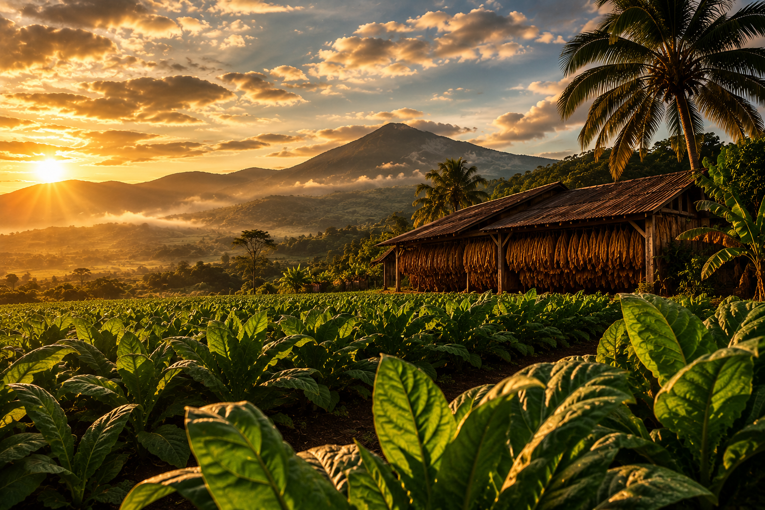 A tobacco field at sunrise beneath cloud-wrapped mountains, the natural shade Ecuadorian wrapper leaf grows under.