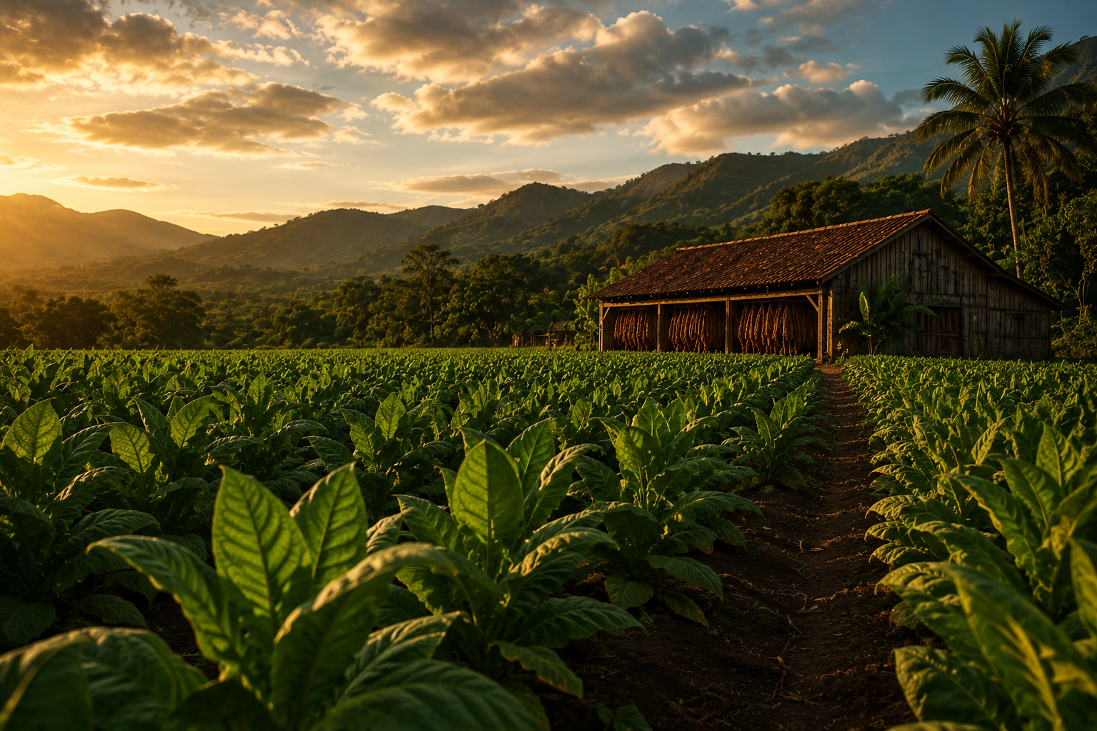 Rows of tobacco plants at sunset, with an open-sided curing barn and forested hills behind.