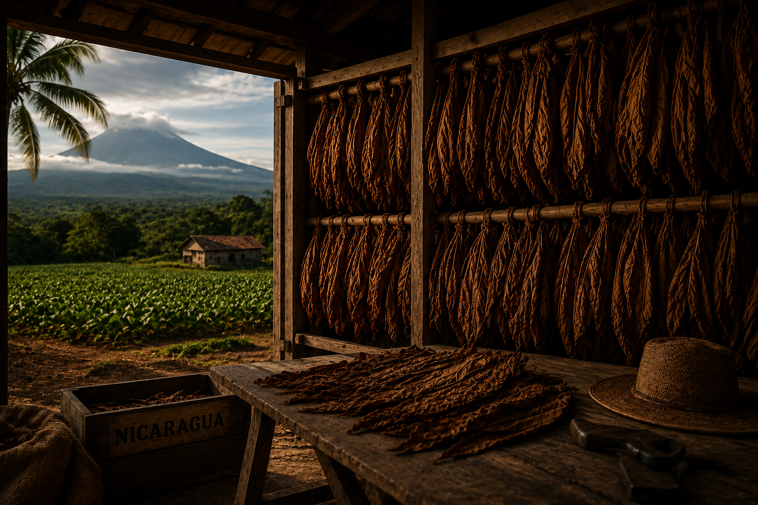 Tobacco leaves hanging in a curing barn, a volcano rising over the field beyond the open doorway.